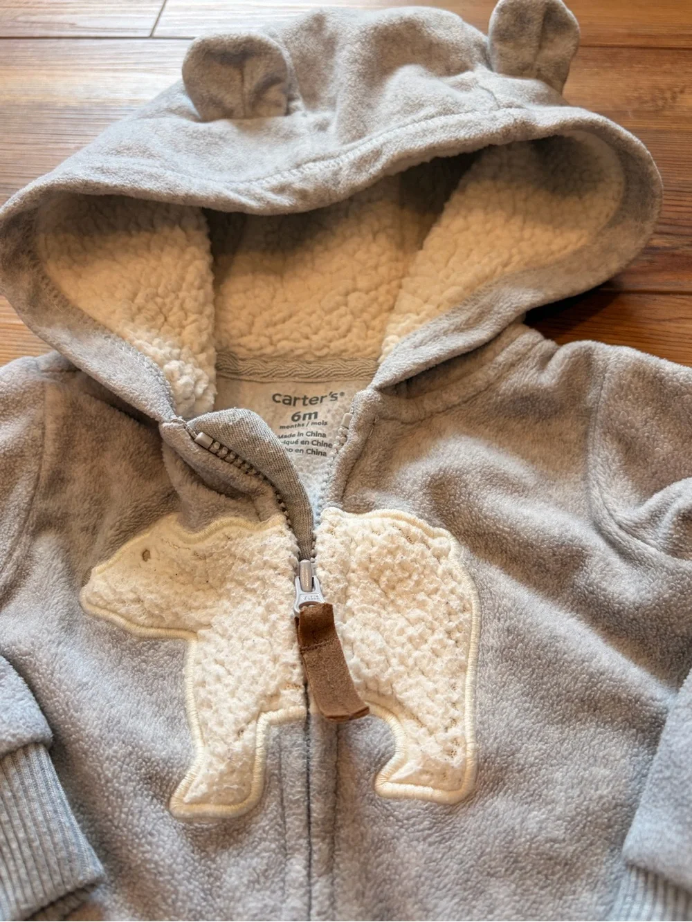 3 Carters 6 Months Cozy Baby Hooded Fleece Rompers - Gray/Tan Bears & Moose